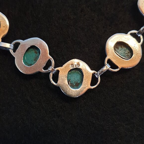 Vintage 925 Sterling Silver Genuine Black Vein Turquoise Cabochon Link Bracelet - Picture 7 of 13